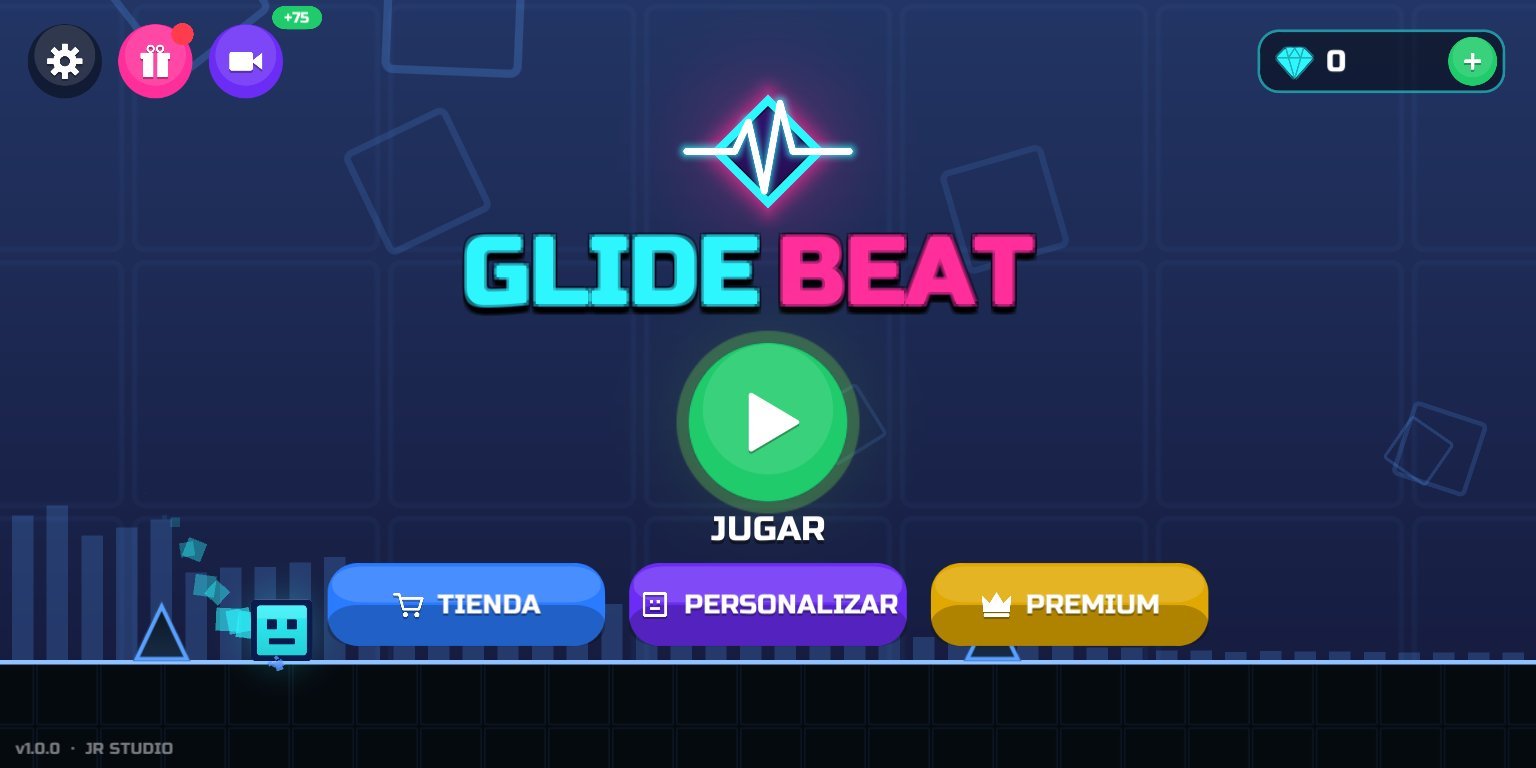 Menú principal de GlideBeat con el logo neón y el botón Jugar